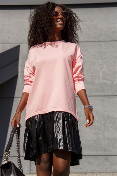 Parlak Fırfır Detaylı Bol Pamuklu Midi Elbise