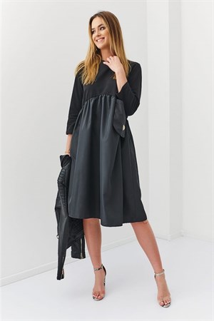 Siyah Dökümlü Elbise-fi703-Fasardi-Midi Elbiseler-